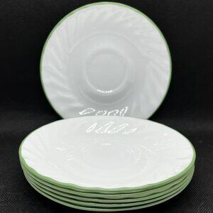 Corelle Chutney White Swirl Green Edge Saucers Set of 6 Vintage